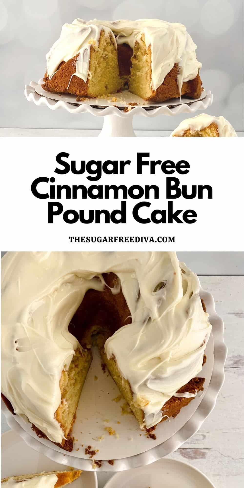 Sugar Free Cinnamon Bun Pound Cake, a delicious  recipe for buttery cake  with icing on top made with no added sugar.