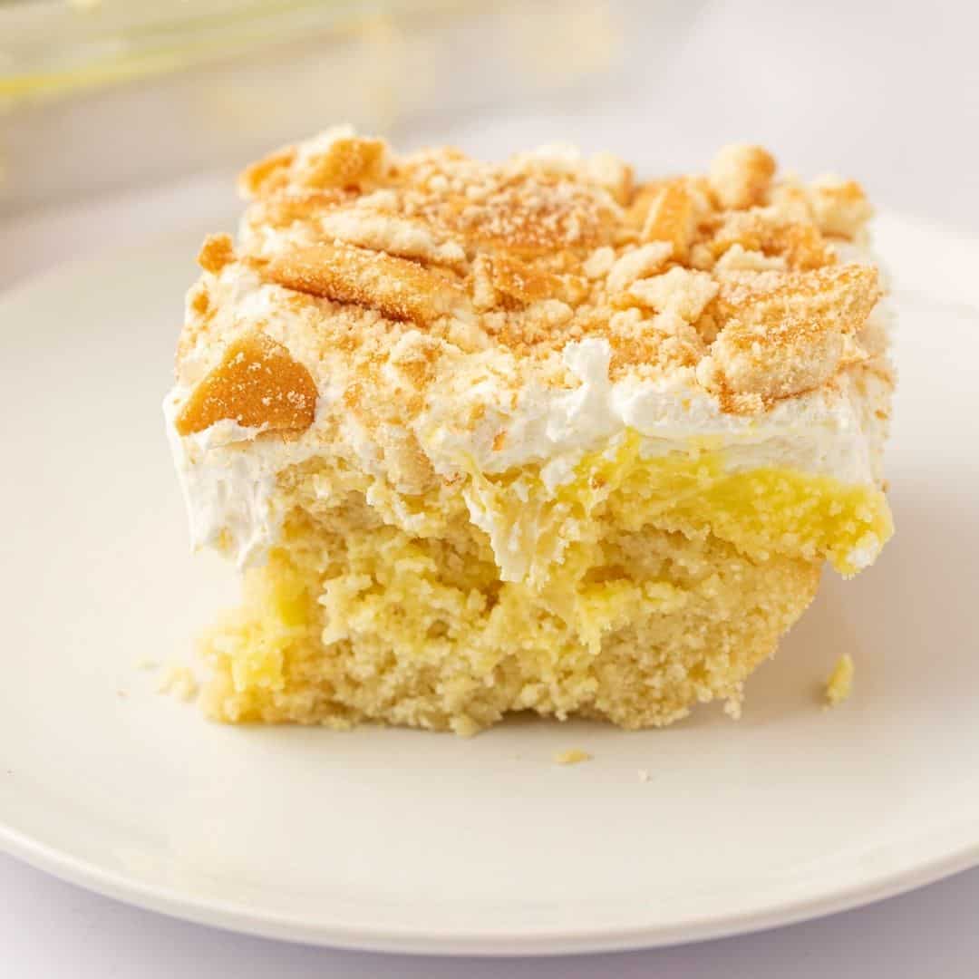 Sugar Free Banana Cream Poke Cake, an easy dessert recipe that uses cake mix and pudding to make a cake with no added sugar.
