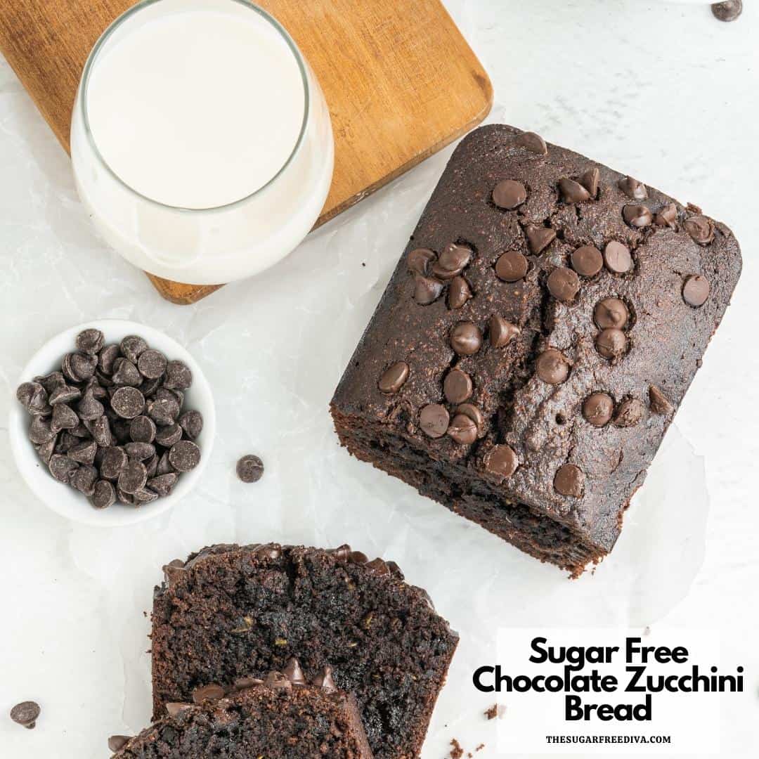 Sugar Free Chocolate Zucchini Bread, a delicious recipe made with fresh zucchini and no added sugar. Keto, Low Carb, Gluten free.