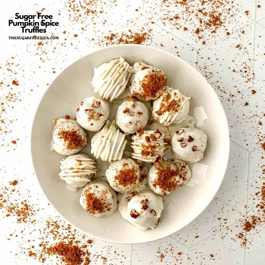 Sugar Free Pumpkin Spice Truffles, a simple no bake candy coated dessert or snack recipe made with no added sugar.