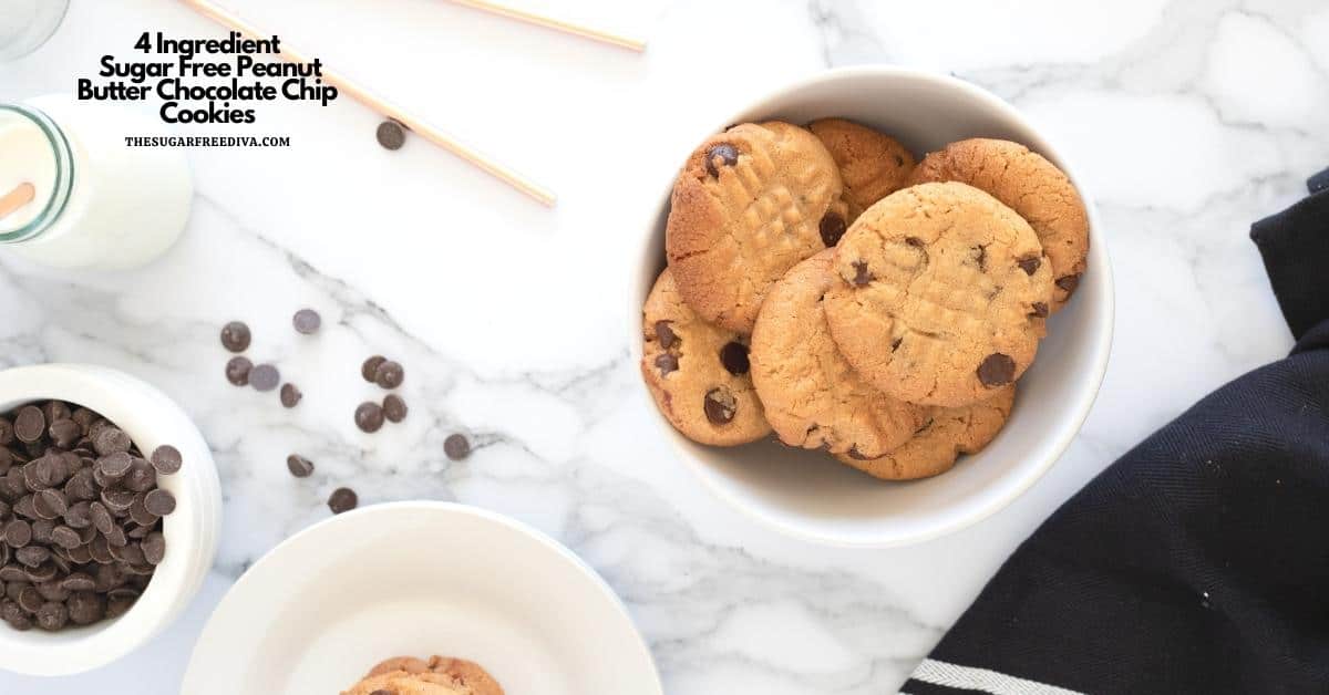 Sugar Free Chocolate Chip Peanut Butter Cookies, a simple four ingredient cookie or dessert recipe that is keto and low carb.