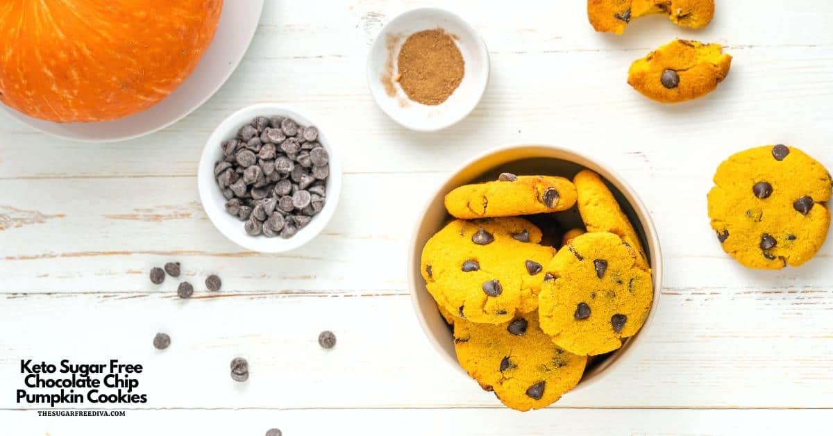 Keto Sugar Free Chocolate Chip Pumpkin Cookies, a simple dessert or snack recipe made with no added sugar. Gluten free.