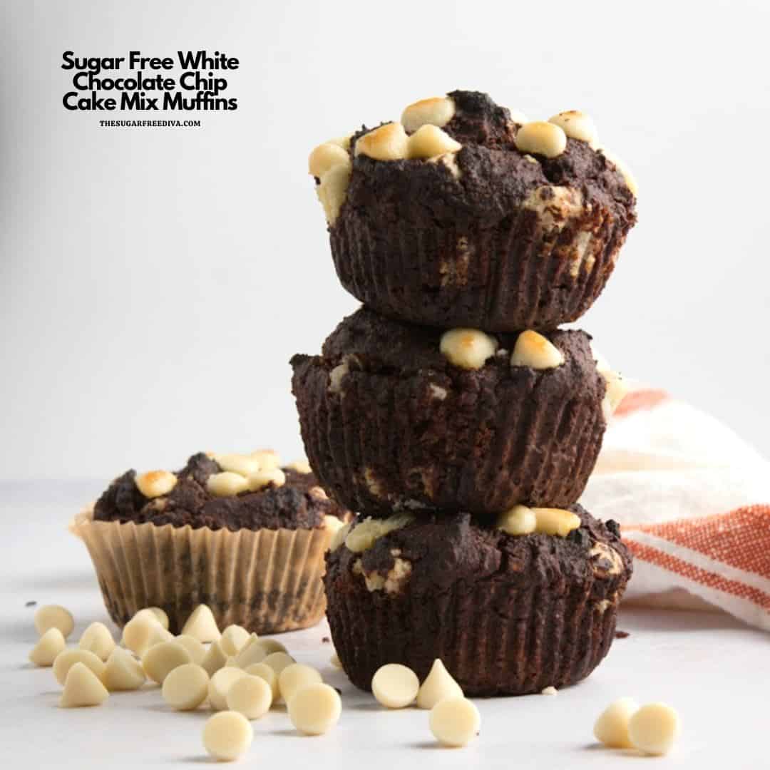 Sugar Free White Chocolate Chip Cake Mix Muffins, a simple and delicious recipe for making delicious muffins with no added sugar. keto option.