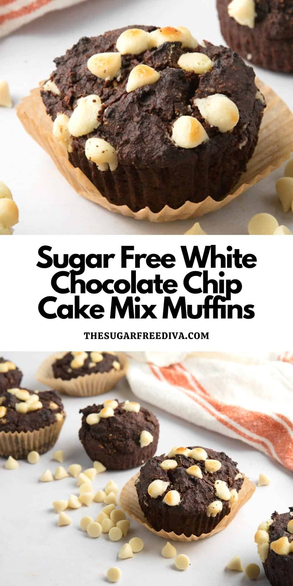 Sugar Free White Chocolate Chip Cake Mix Muffins, a simple and delicious recipe for making delicious muffins with no added sugar. keto option.