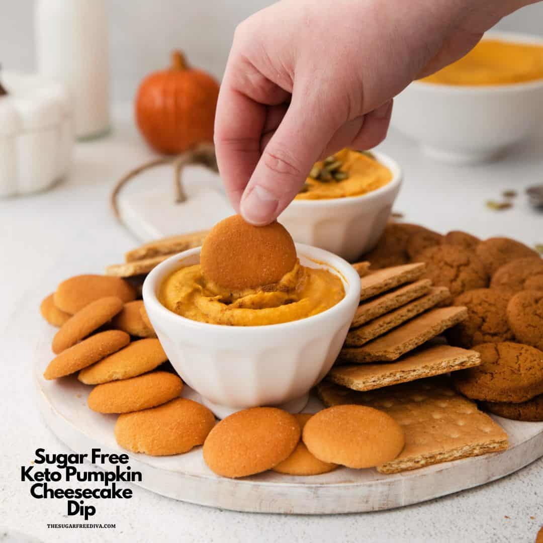 Sugar Free Keto Pumpkin Cheesecake Dip, a simple and delicious dessert dip recipe that is perfect with cookies and fruit