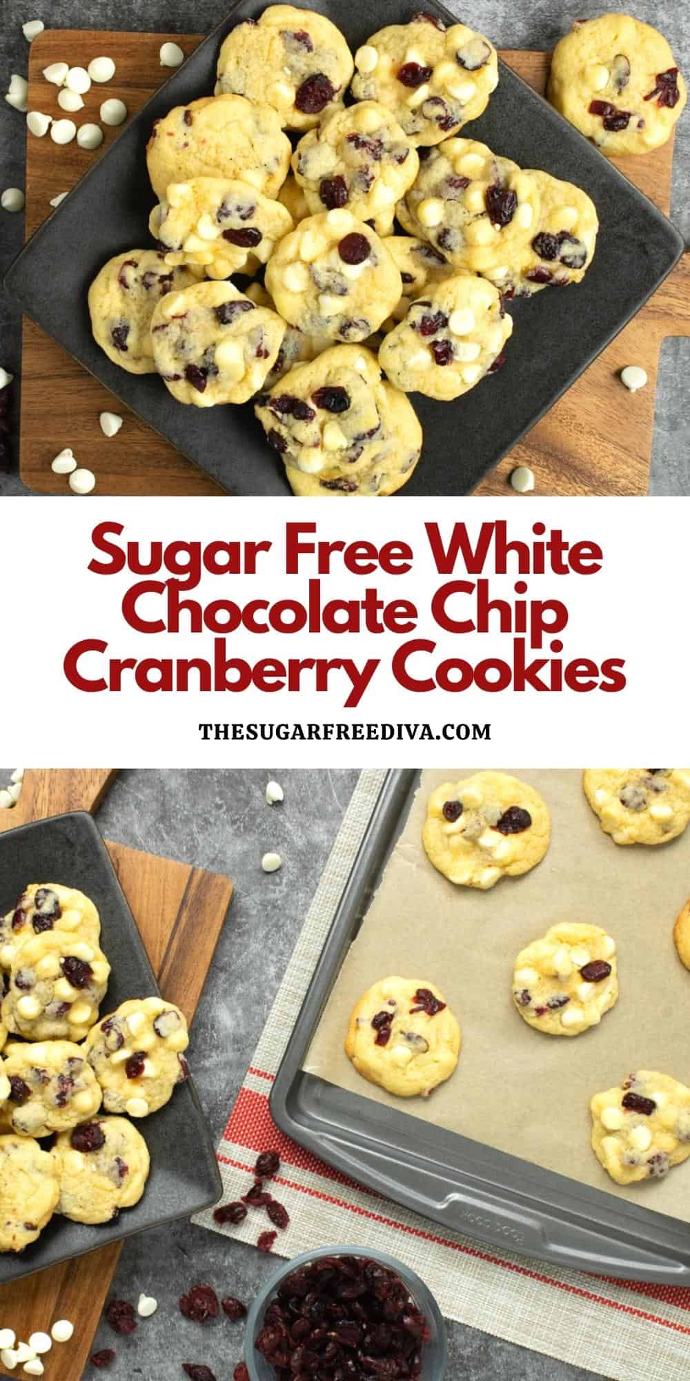 Sugar Free White Chocolate Chip Cranberry Cookies, a tasty holiday season inspired dessert recipe that has no added sugar.