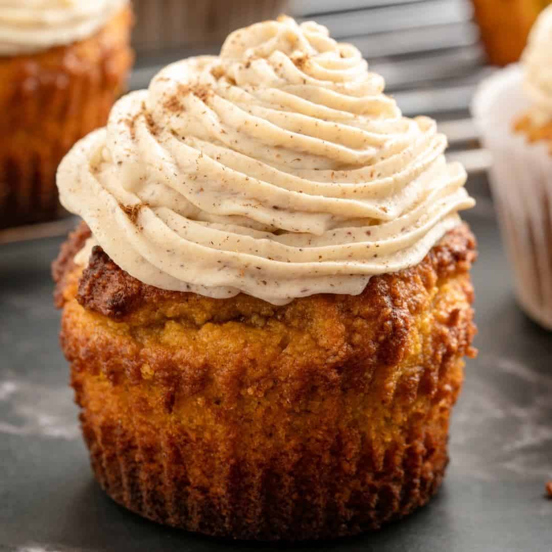 Sugar Free Frosted Pumpkin Cupcakes, a simple recipe for a tasty fall dessert with cinnamon frosting made with no added sugar.