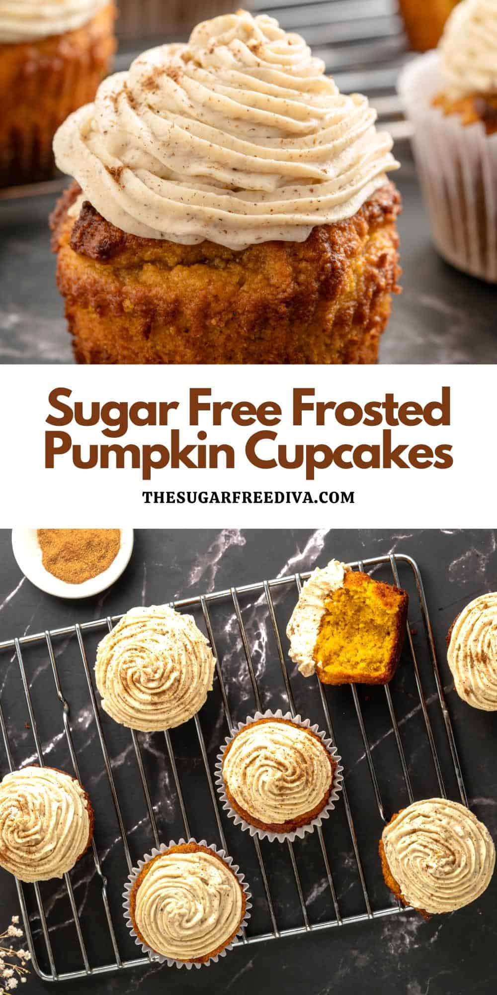 Sugar Free Frosted Pumpkin Cupcakes, a simple recipe for a tasty fall dessert with cinnamon frosting made with no added sugar.