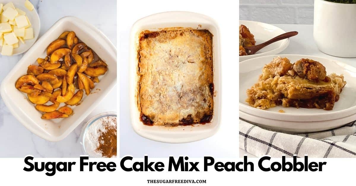 Sugar Free Cake Mix Peach Cobbler, a quick and simple delicious dessert recipe made with peaches and no added sugar.