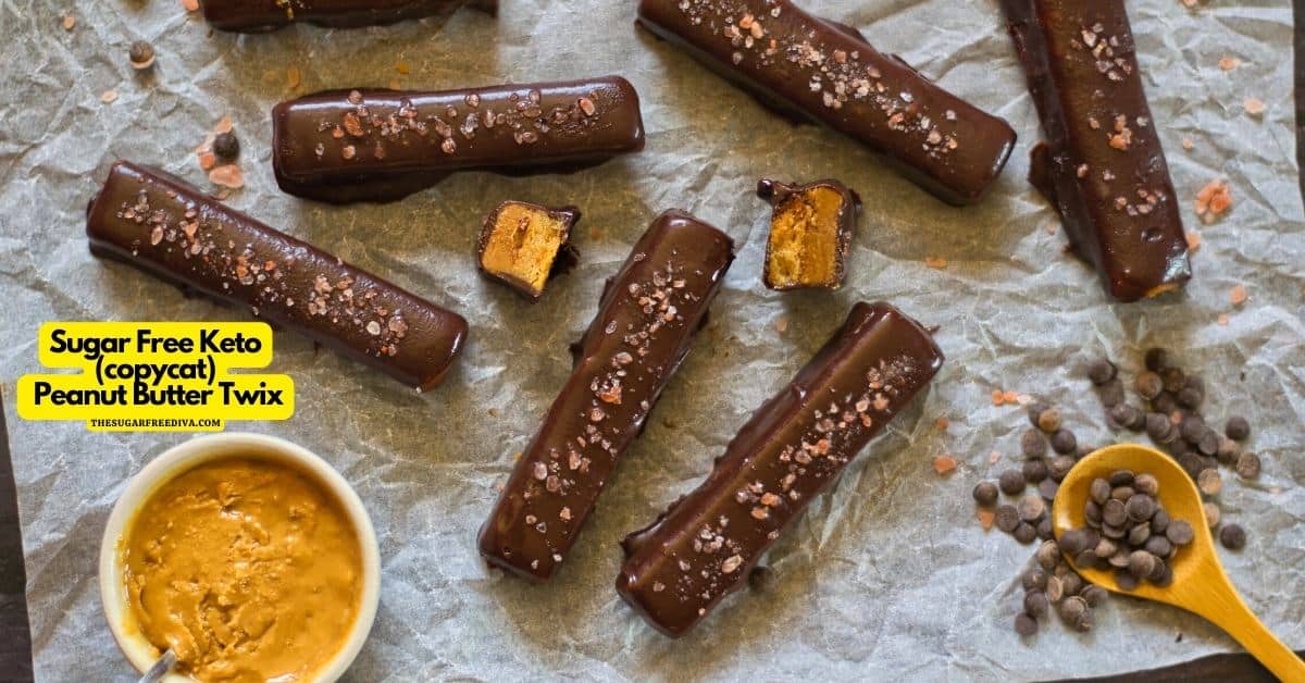 Sugar Free Peanut Butter Twix, a delicious copycat version of a peanut butter flavored  candy bar. No added sugar, keto.