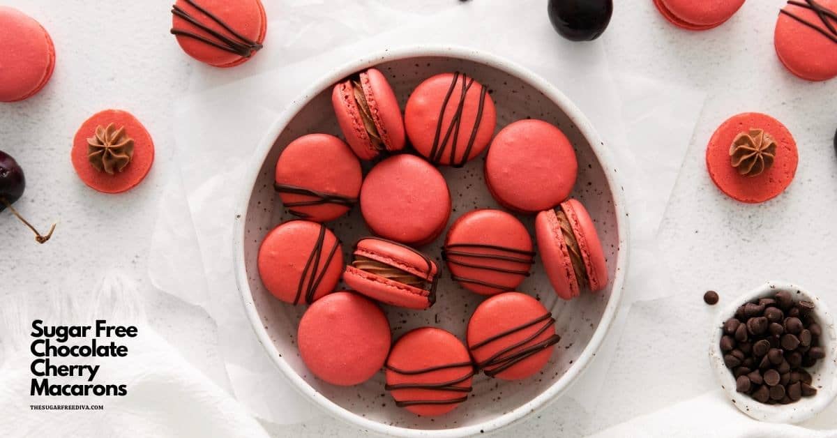 Sugar Free Chocolate Cherry Macarons, inspired by the French meringue confection, flavored with cherries, chocolate center, no added sugar!