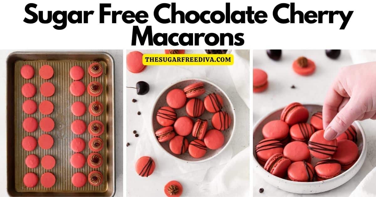 Sugar Free Chocolate Cherry Macarons, inspired by the French meringue confection, flavored with cherries, chocolate center, no added sugar!