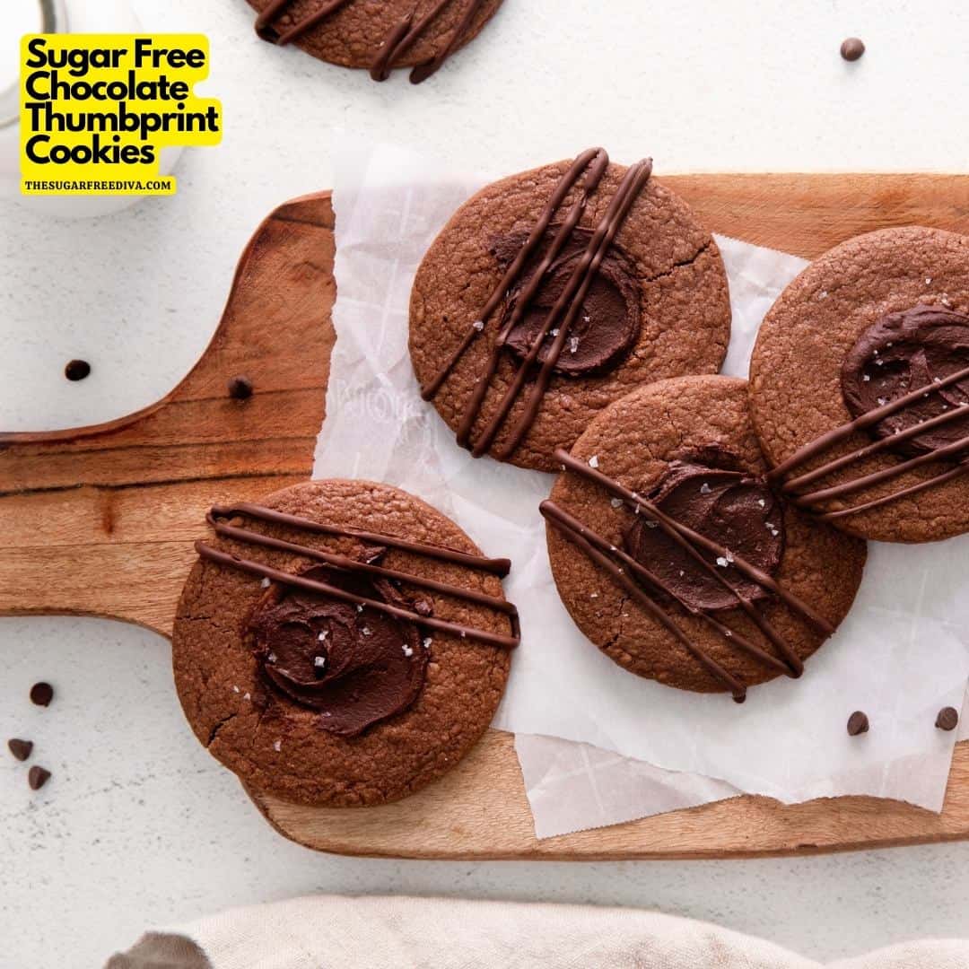 Sugar Free Chocolate Thumbprint Cookies, a simple dessert or snack recipe for a crispy eggless cookie with a ganache topping.