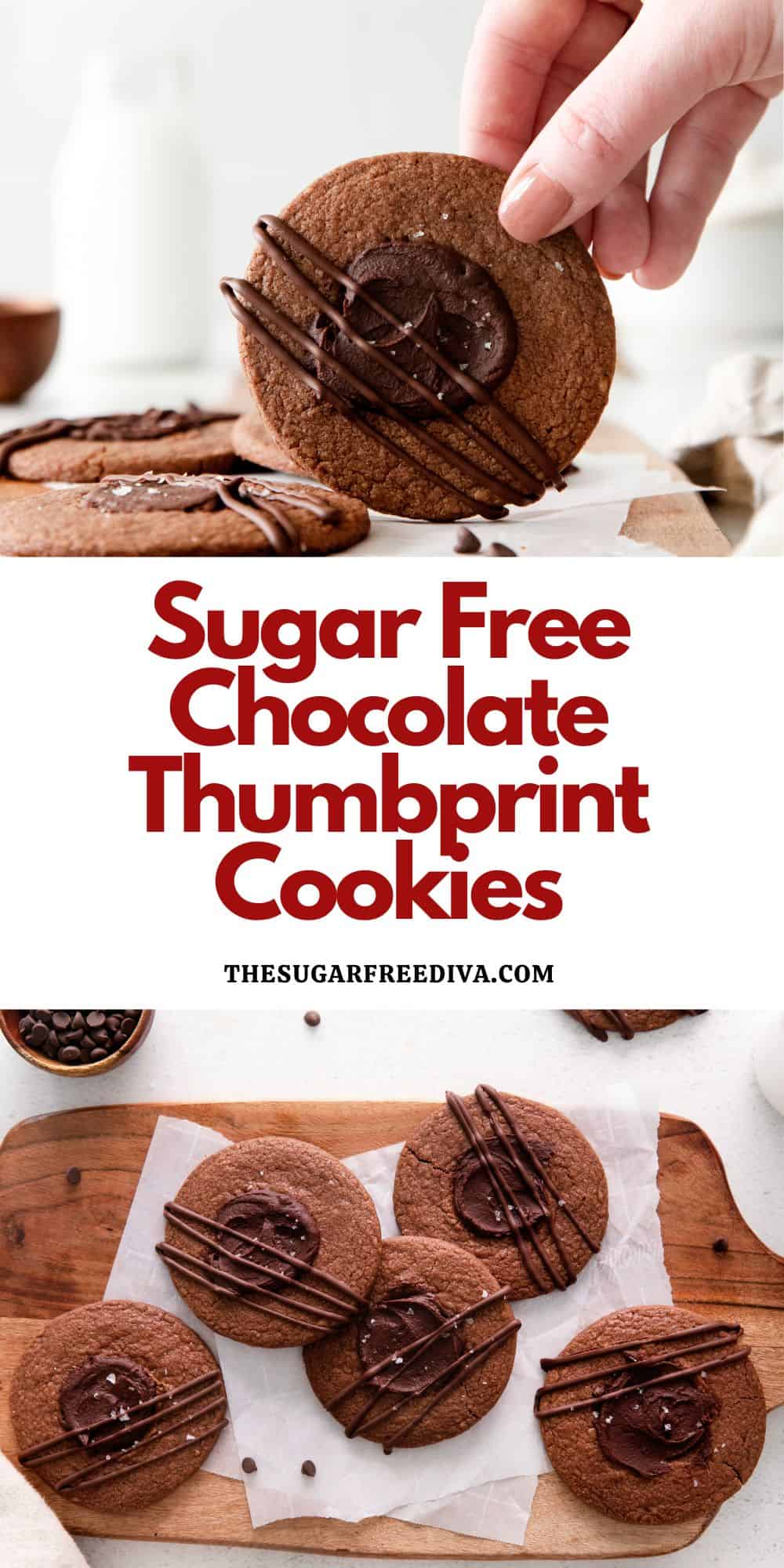 Sugar Free Chocolate Thumbprint Cookies, a simple dessert or snack recipe for a crispy eggless cookie with a ganache topping.