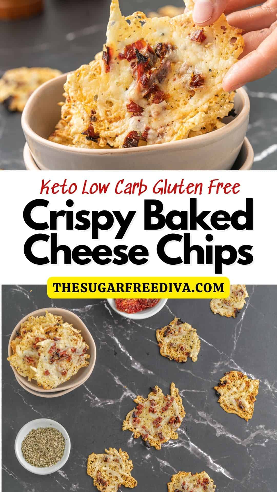 Crispy Baked Cheese Chips, a simple low carb, keto, and gluten free diet snack recipe made with two ingredients and seasonings.