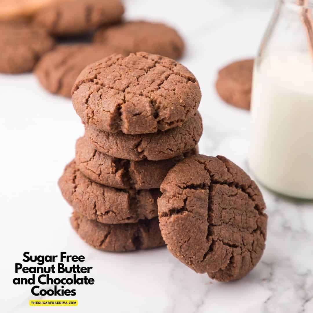 Sugar Free Peanut Butter and Chocolate Cookies, simple five ingredient dessert or snack recipe that is gluten free and keto low carb.