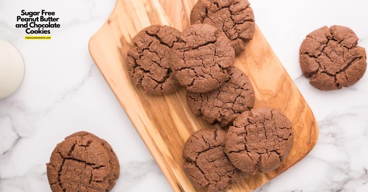 Sugar Free Peanut Butter and Chocolate Cookies, simple five ingredient dessert or snack recipe that is gluten free and keto low carb.