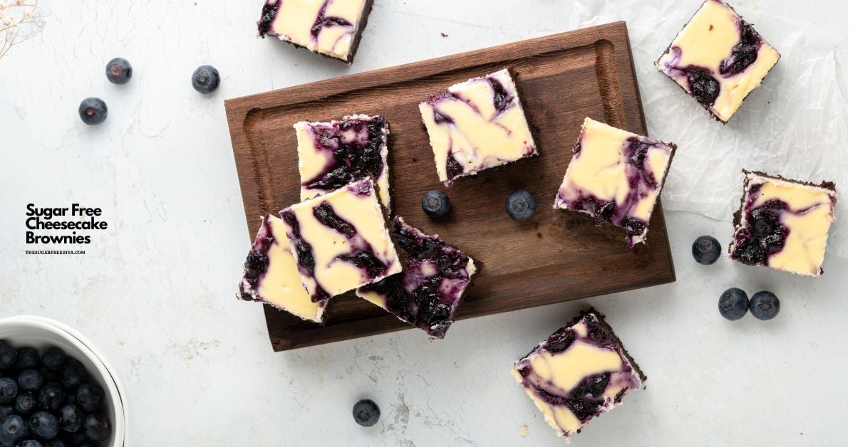 Sugar Free Cheesecake Brownies, a delicious and simple three layered no added sugar dessert featuring a blueberry swirl topping.