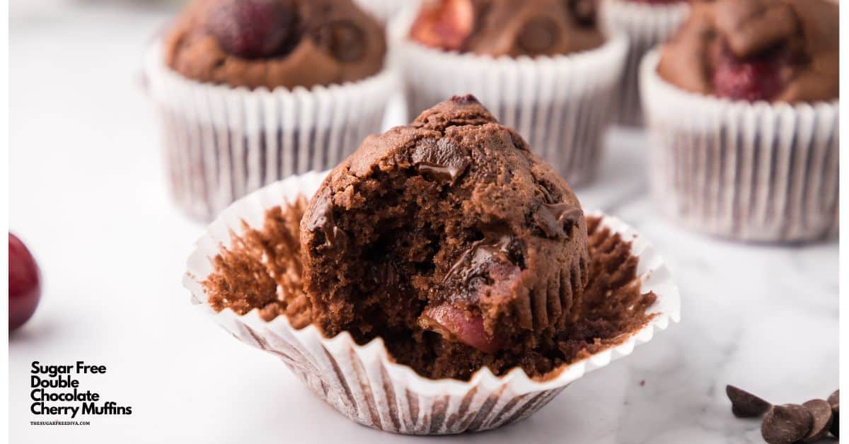 Sugar Free Double Chocolate Cherry Muffins, a simple and delicious recipe for cocoa muffins with chocolate chips and cherries.