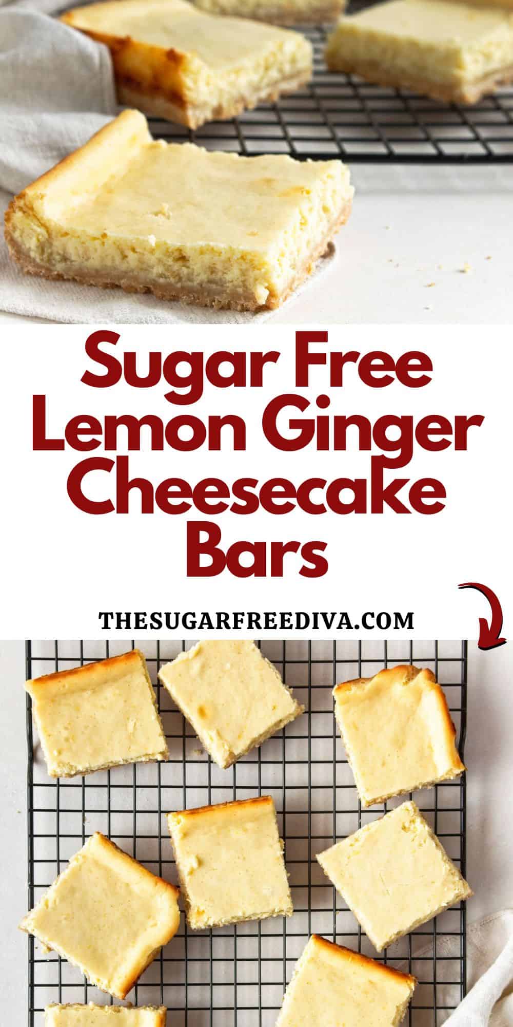 Sugar Free Lemon Ginger Cheesecake Bars, a delicious and simple baked dessert recipe made with almond flour crust. no added sugar, keto.