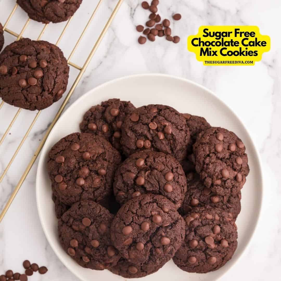 Sugar Free Chocolate Cake Mix Cookies, a simple five ingredient dessert or snack recipe made with chocolate chips and no added sugar.