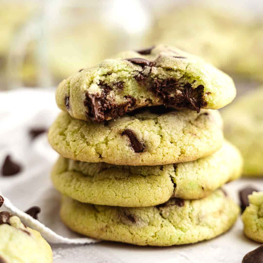 Sugar Free Mint Chocolate Chip Cookies, a simple recipe for a delicious snack or dessert flavored with peppermint and colored green.