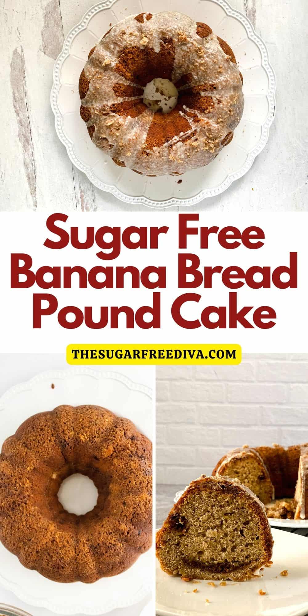 Sugar Free Banana Bread Pound Cake,  a delicious moist dessert recipe made with no added sugar and then topped with a sugar free glaze.