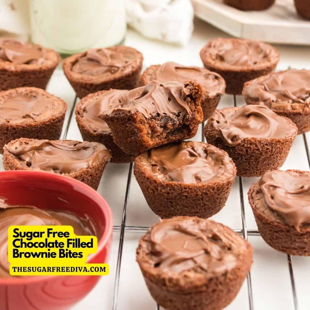 Sugar Free Chocolate Filled Brownie Bites, a simple dessert recipe featuring bite sized brownies filled with chocolate or hazelnut spread.