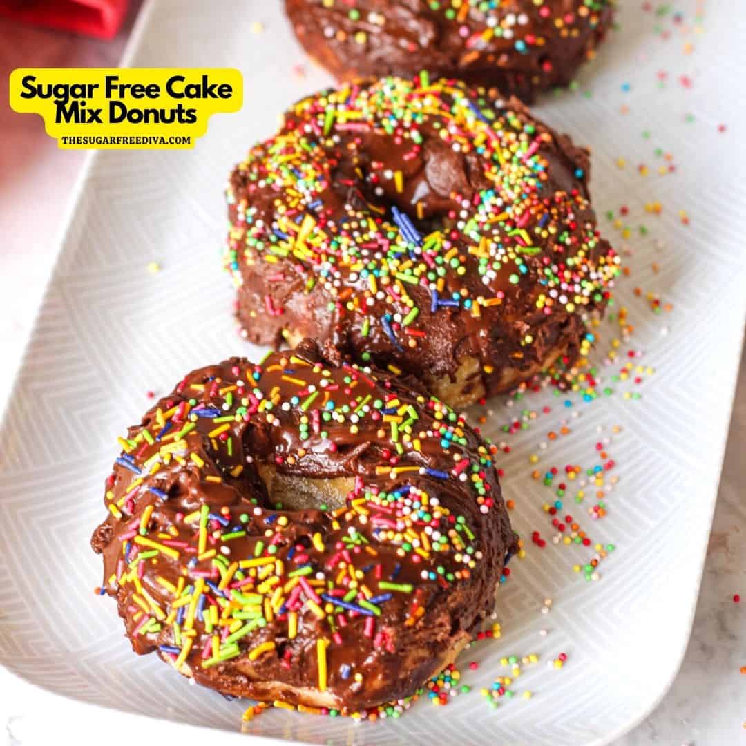 Sugar Free Cake Mix Donuts, a simple and delicious chocolate frosted baked dessert recipe that is made with no added sugar. keto option.