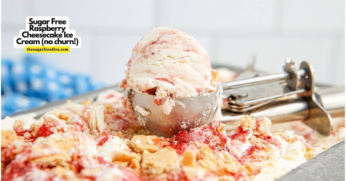 Sugar Free Raspberry Cheesecake Ice Cream , a delicious and flavorful no churn dessert recipe made with six ingredients and no added sugar.