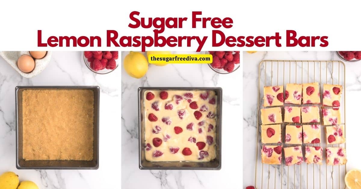 Sugar Free Lemon Raspberry Dessert Bars, a simple dessert or snack recipe idea made with fresh raspberries and a sugar free crust.