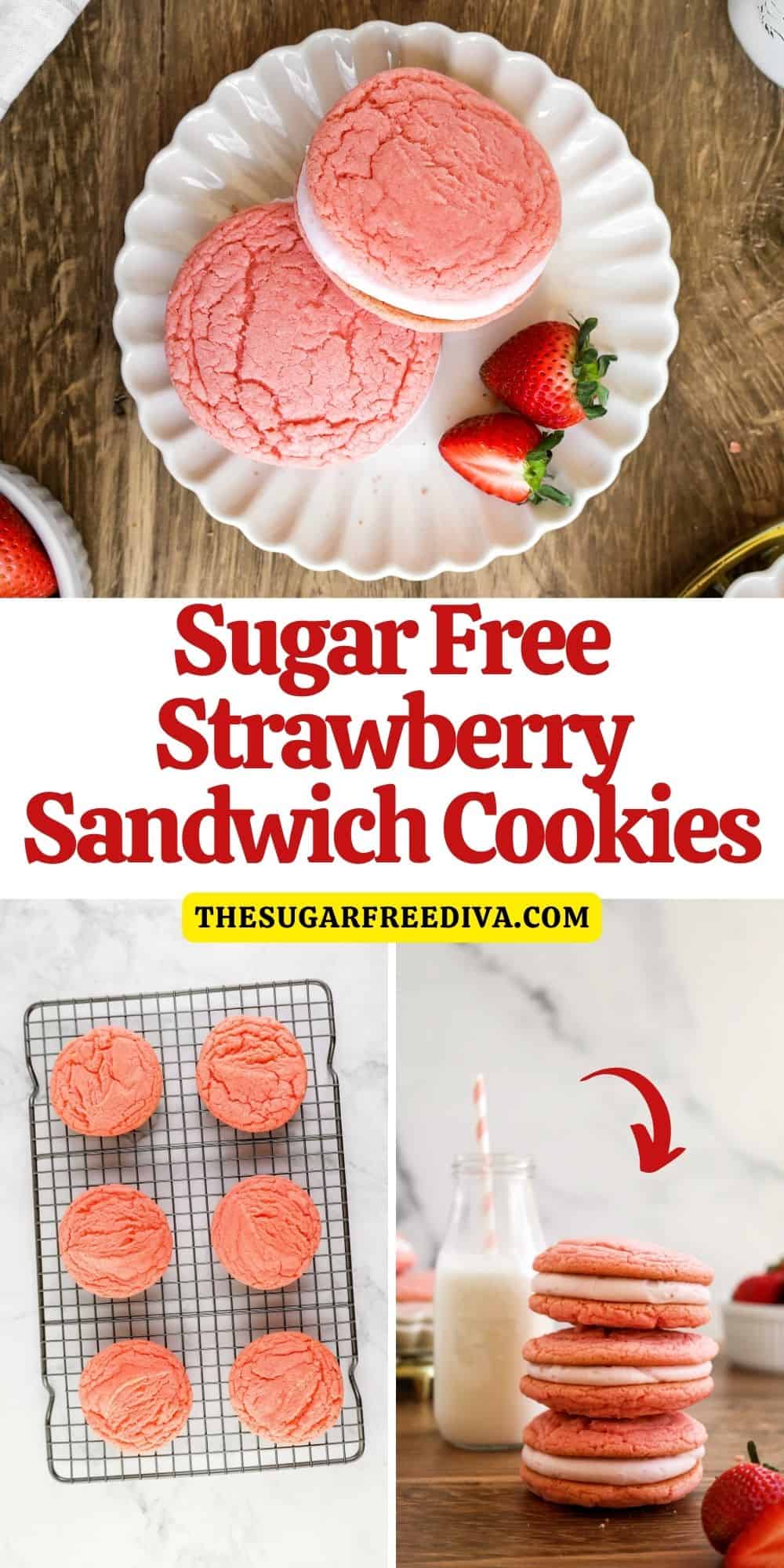 Sugar Free Strawberry Sandwich Cookies, two simple cake mix cookies surrounding a delicious cream cheese filling. No added sugar recipe! 