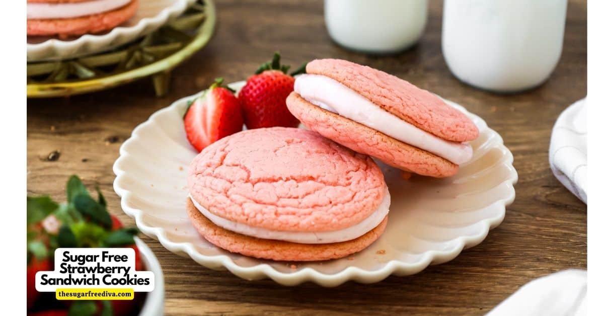 Sugar Free Strawberry Sandwich Cookies, two simple cake mix cookies surrounding a delicious cream cheese filling. No added sugar recipe! 