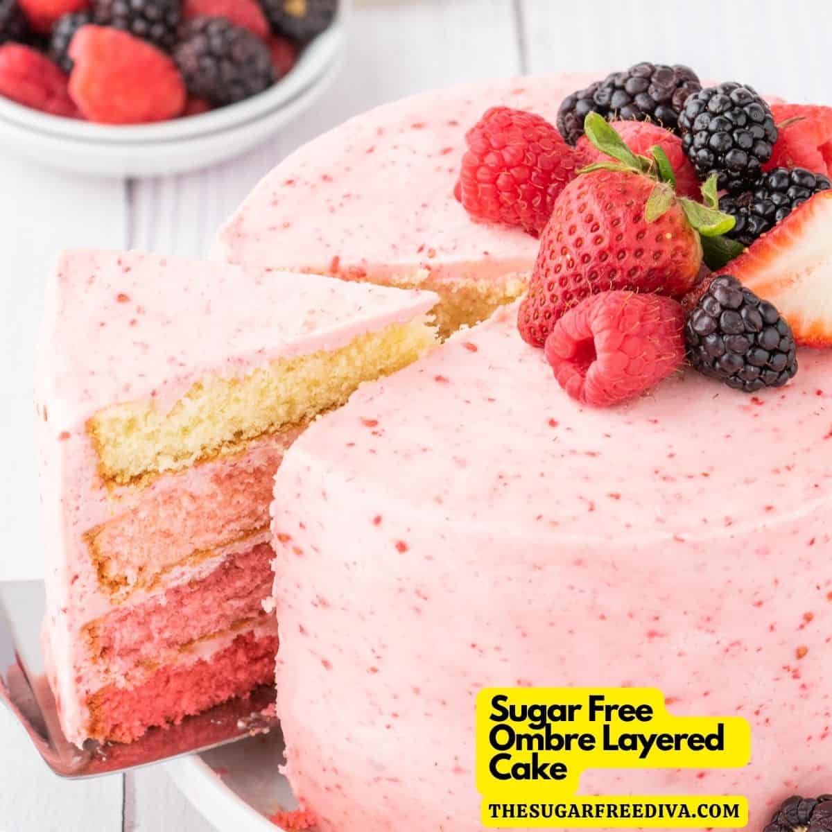 Sugar Free Ombre Layered Cake, a moist and delicious layered dessert recipe with berry frosting made with no added sugar. 