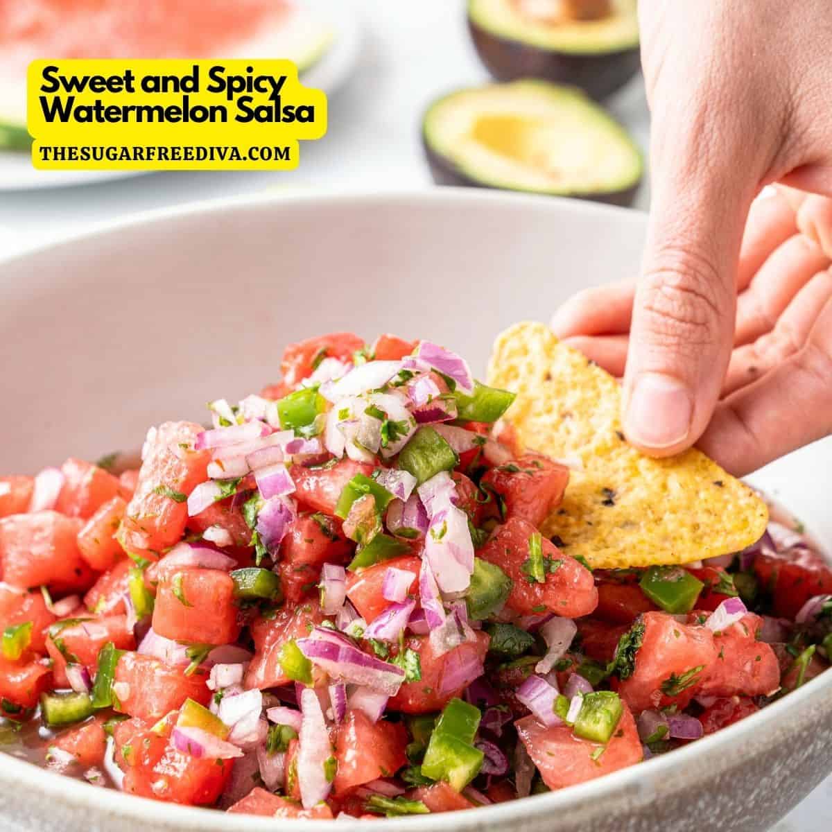 Sweet and Spicy Watermelon Salsa, a simple and delicious recipe made with fresh watermelon and with a hint of jalapeno.