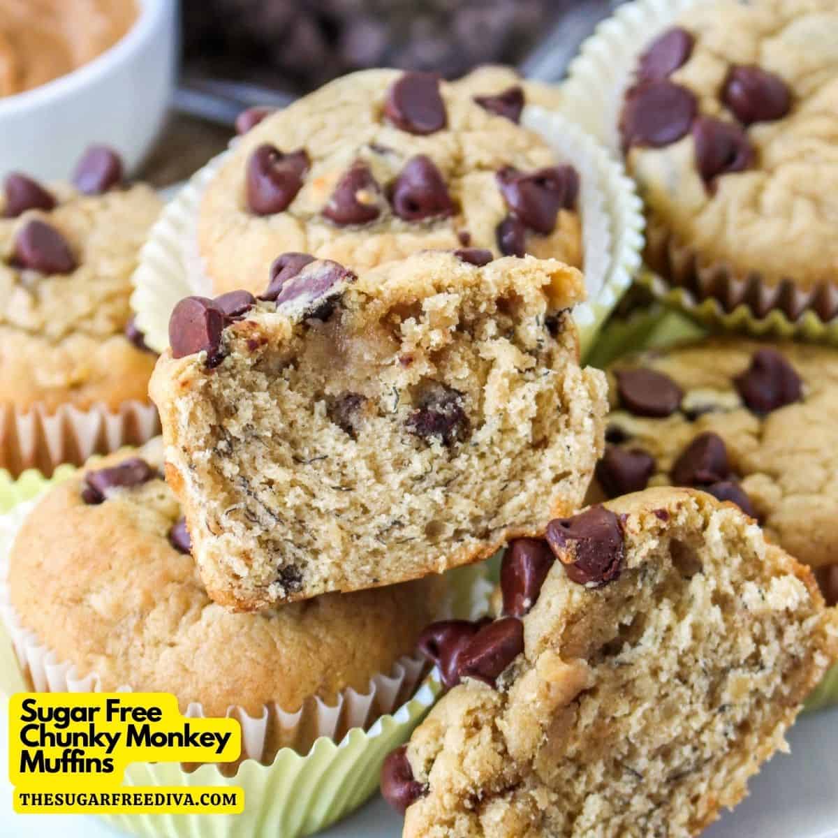 Sugar Free Chunky Monkey Muffins, a delicious and simple recipe featuring  bananas, chocolate chips, and peanut butter. No added sugar.