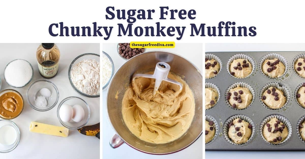 Sugar Free Chunky Monkey Muffins, a delicious and simple recipe featuring  bananas, chocolate chips, and peanut butter. No added sugar.