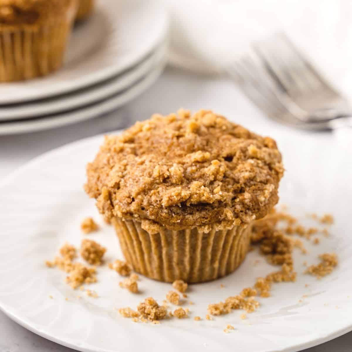 Sugar Free Cinnamon Apple Streusel Muffins, a delicious recipe for apple cinnamon muffins with streusel topping made with no added sugar.