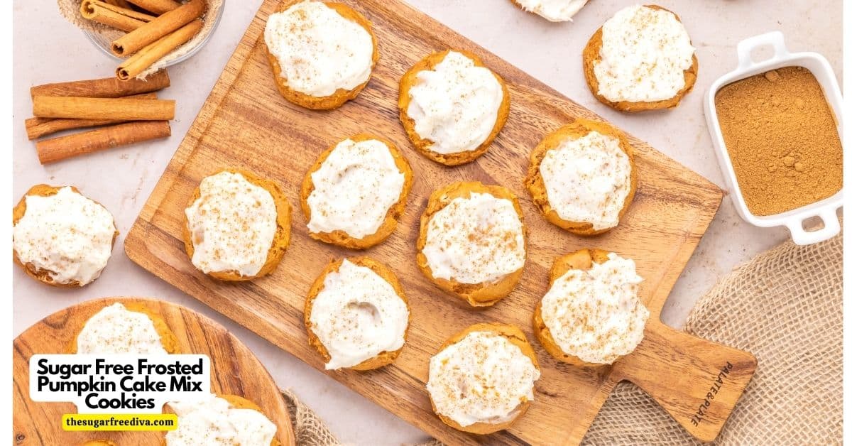 Sugar Free Frosted Pumpkin Cake Mix Cookies, a quick and simple recipe for delicious pumpkin cookies with cream cheese frosting. keto option.