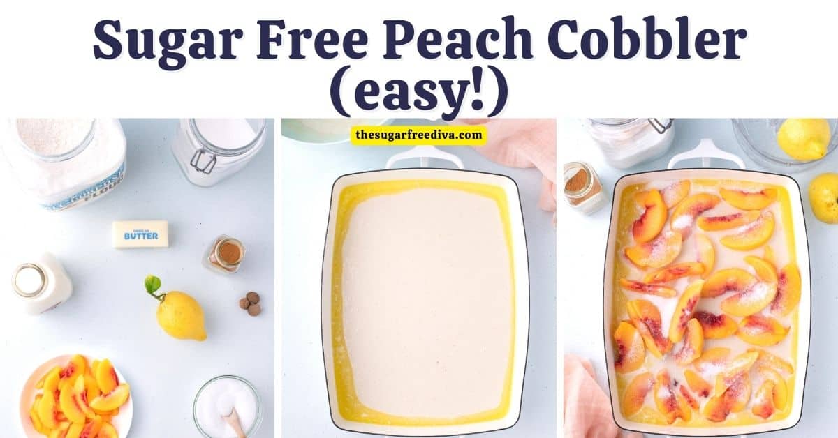 Sugar Free Peach Cobbler Recipe, a classic layered dessert featuring a layer of buttery biscuits topped with fresh peaches. No added sugar.