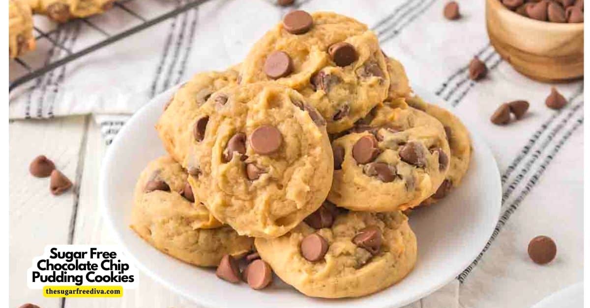 Sugar Free Chocolate Chip Pudding Cookies, a delicious soft and chewy dessert or snack recipe made with no added sugar. low carb keto