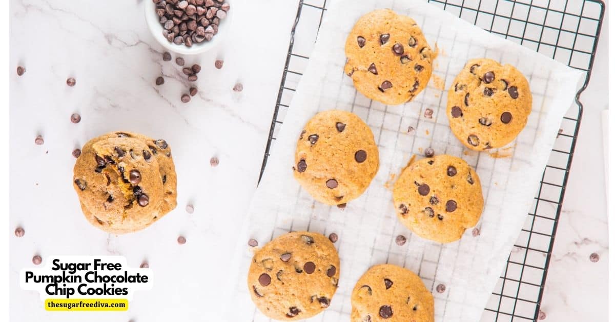 Sugar Free Pumpkin Chocolate Chip Cookies, a delicious dessert or snack recipe made for soft and chewy cookies made with no added sugar. Keto Low Carb Option.
