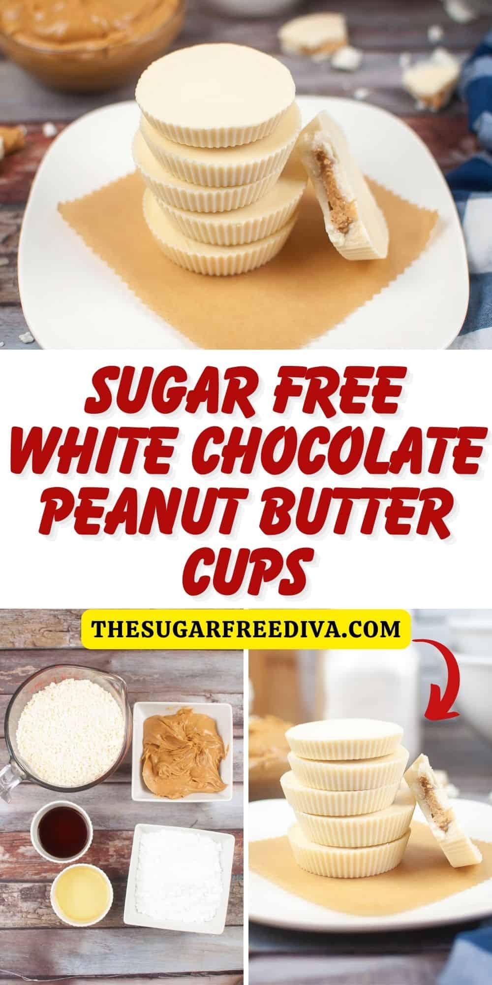 Sugar Free White Chocolate Peanut Butter Cups, an easy recipe for candy or a dessert treat made with no added sugar. Keto Low Carb.