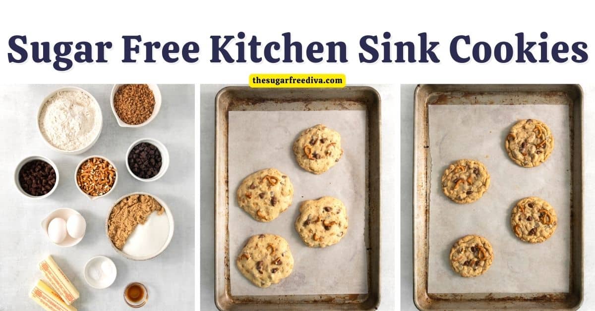 Sugar Free Kitchen Sink Cookies, a simple dessert or snack recipe loaded with chocolate and crunchy salty add ins. Keto low carb option. 