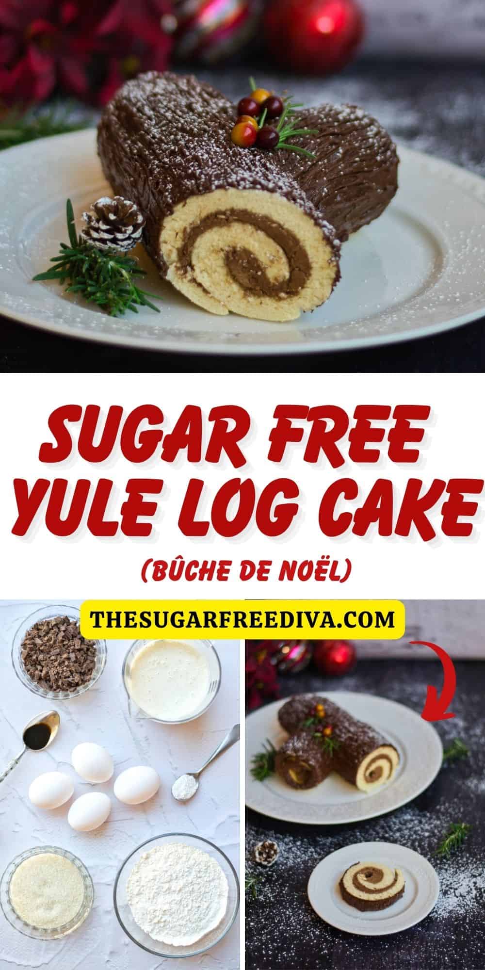 Sugar Free Yule Log Cake (Bûche De Noël), a simple holiday dessert recipe made with cake mix and chocolate ganache. Keto LC option.