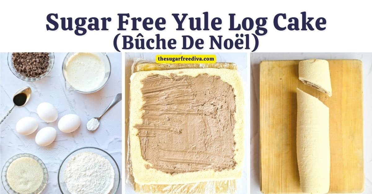 Sugar Free Yule Log Cake (Bûche De Noël), a simple holiday dessert recipe made with cake mix and chocolate ganache. Keto LC option.