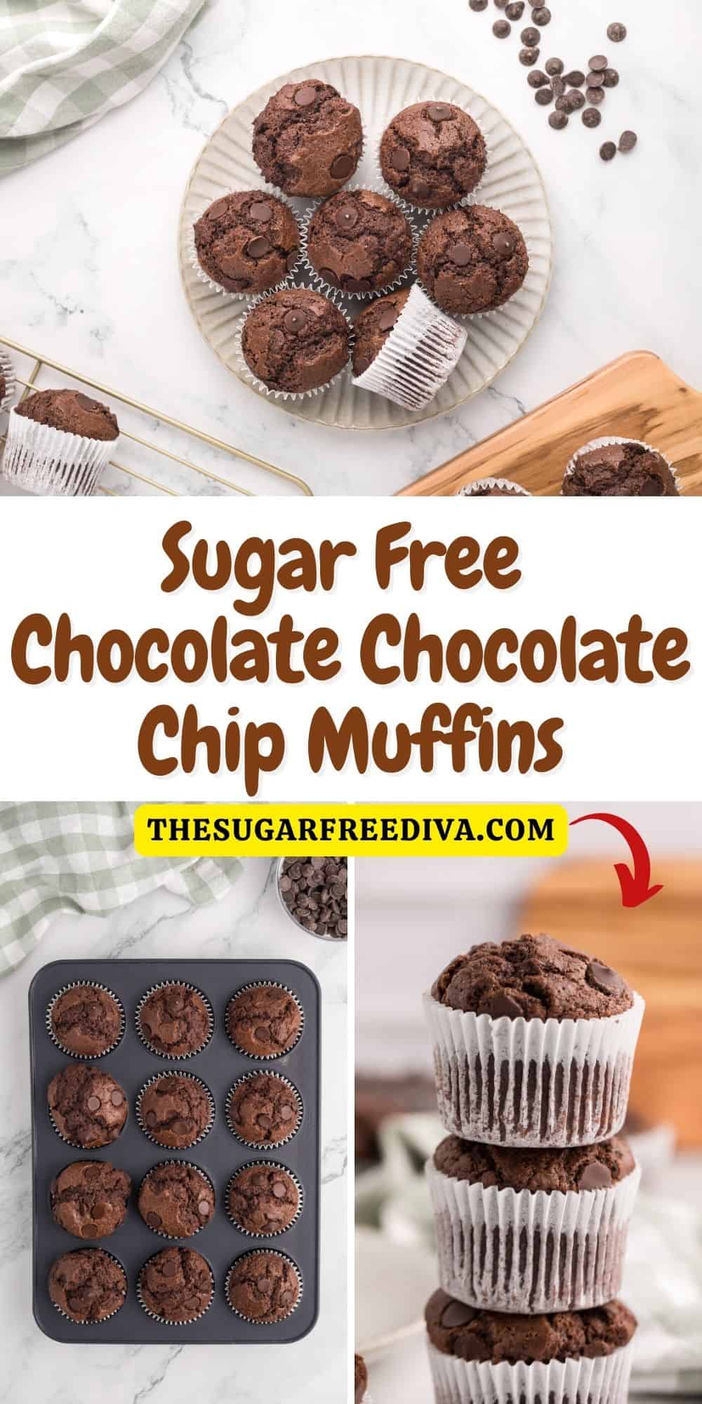 Sugar Free Chocolate Chocolate Chip Muffins (double chocolate), a simple and decadent recipe that is perfect for breakfast, brunch, or snacking on. Keto option.
