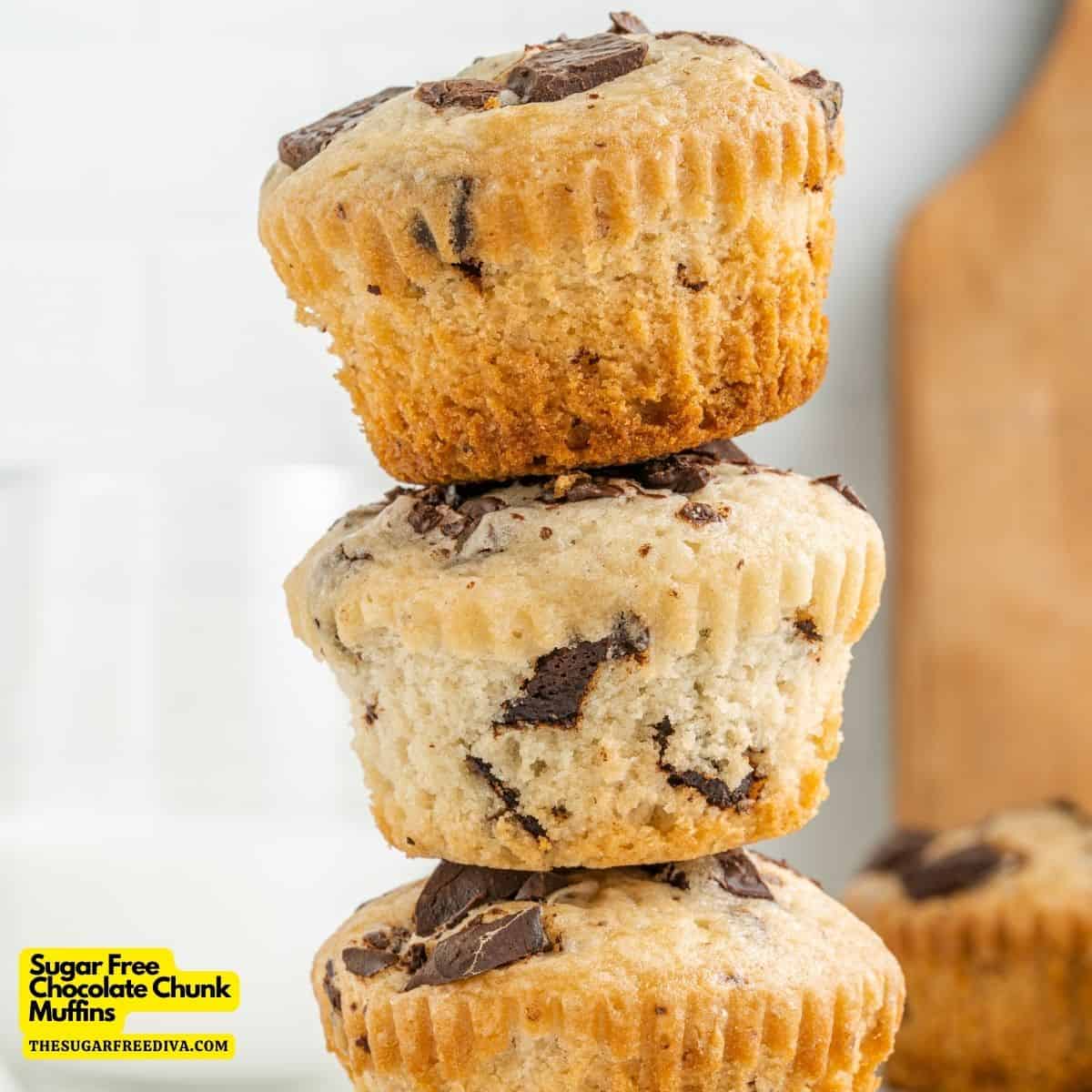Sugar Free Chocolate Chunk Muffins, a simple recipe for a bakery style breakfast or brunch recipe made with no added sugar.