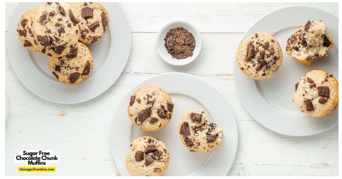 Sugar Free Chocolate Chunk Muffins, a simple recipe for a bakery style breakfast or brunch recipe made with no added sugar.
