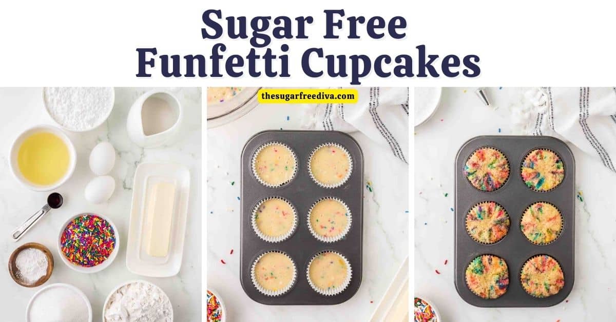 Sugar Free Funfetti Cupcakes, an easy and delicious moist and colorful dessert or snack recipe made with no added sugar. Includes frosting.